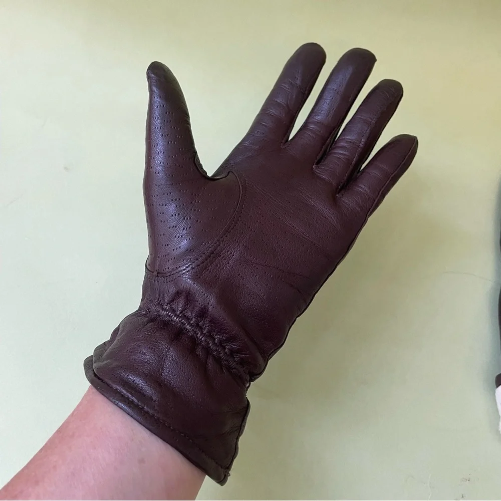 Vintage dark brown leather gloves with cotton lining